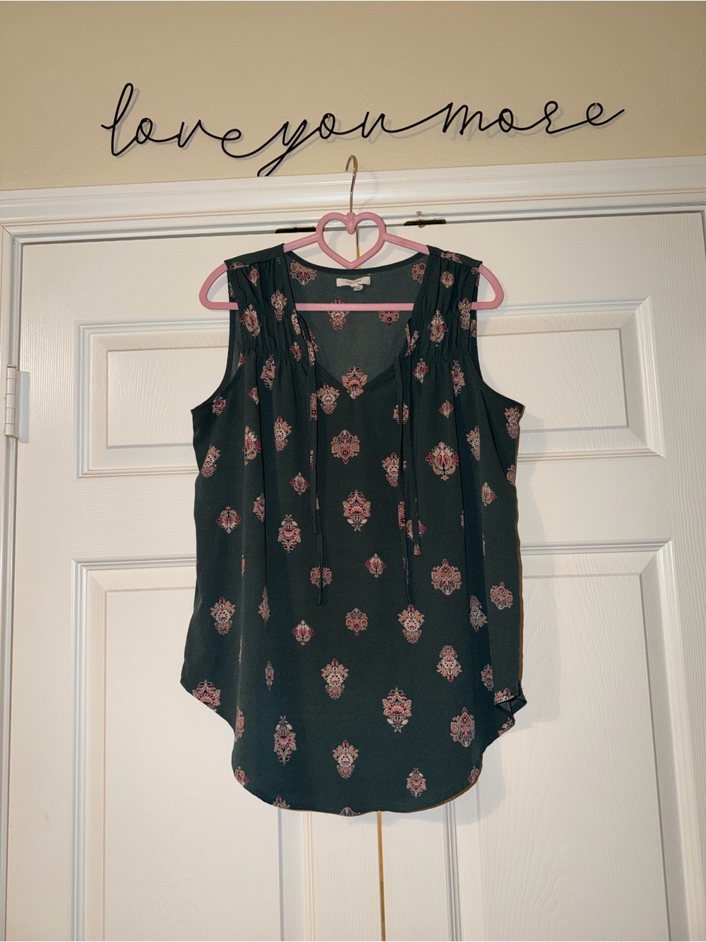 Maurices Dark Green Sleeveless Printed Blouse with Pink Accents